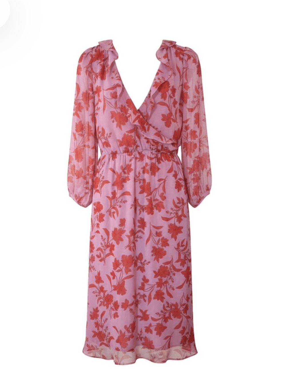 Ann Taylor Pink and Red Floral Wrap Midi Dress